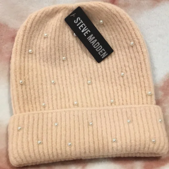 Steve Madden Woolen Knit Cap Peach and Pearl Accents NWT OSFM - Picture 5 of 11